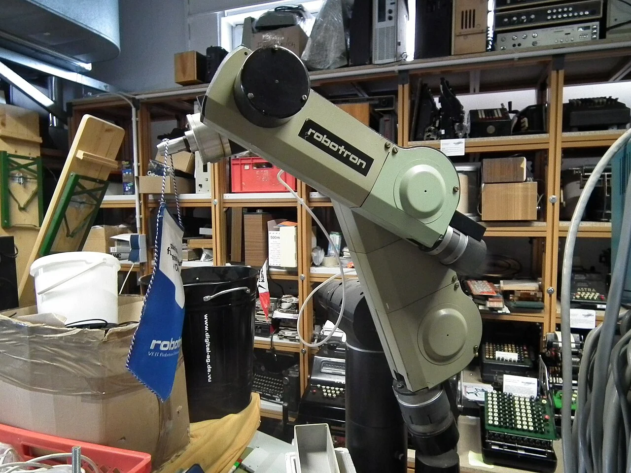 An industrial robot arm on display