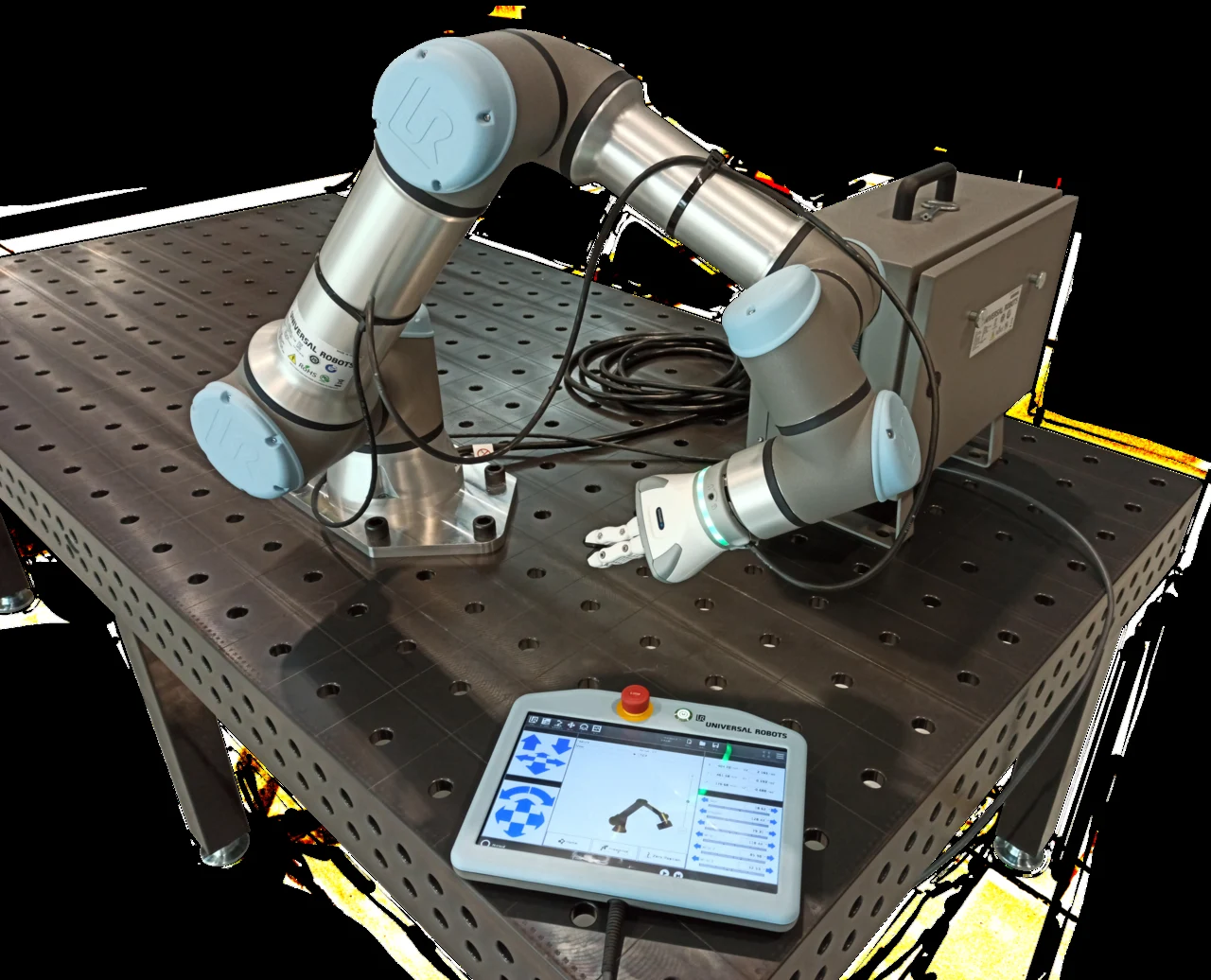 A Universal Robots UR16e arm and its teach pendant
